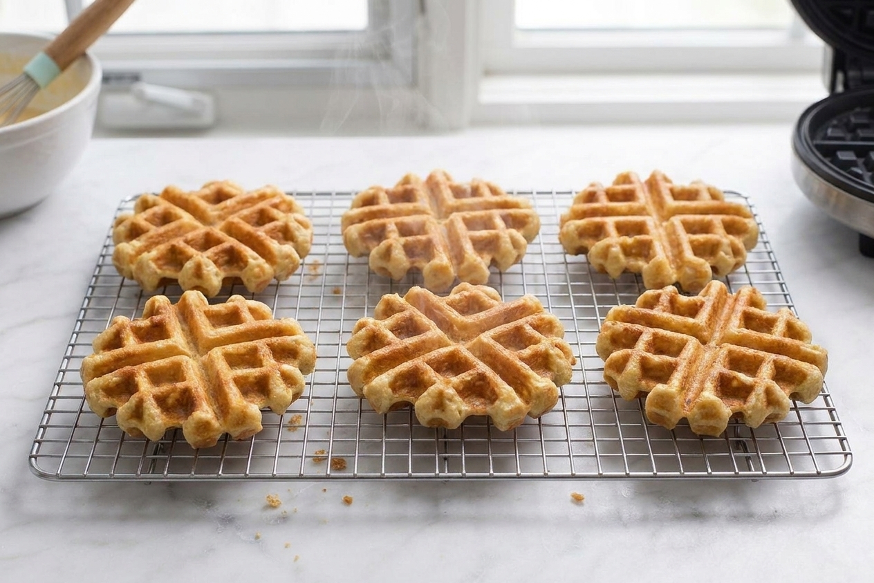Freshly cooked waffles cooling in a single layer on a wire rack on a kitchen counter to keep them crisp