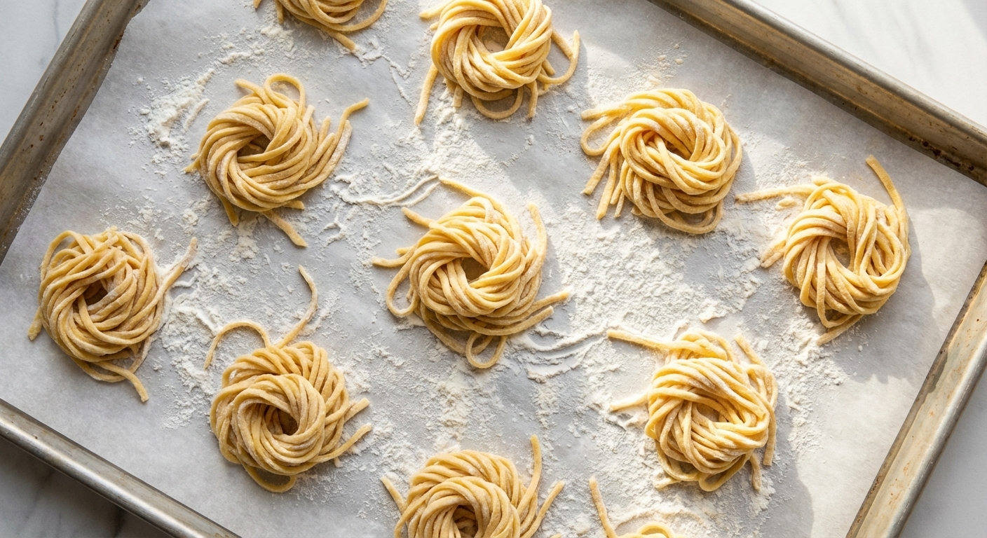 Freshly cut egg noodles formed into small nests on a parchment-lined baking sheet dusted with flour, shot from above in soft natural light, photorealistic