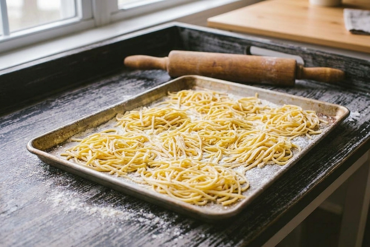 Freshly cut egg noodles spread in a single layer on a floured sheet pan on a bright kitchen counter
