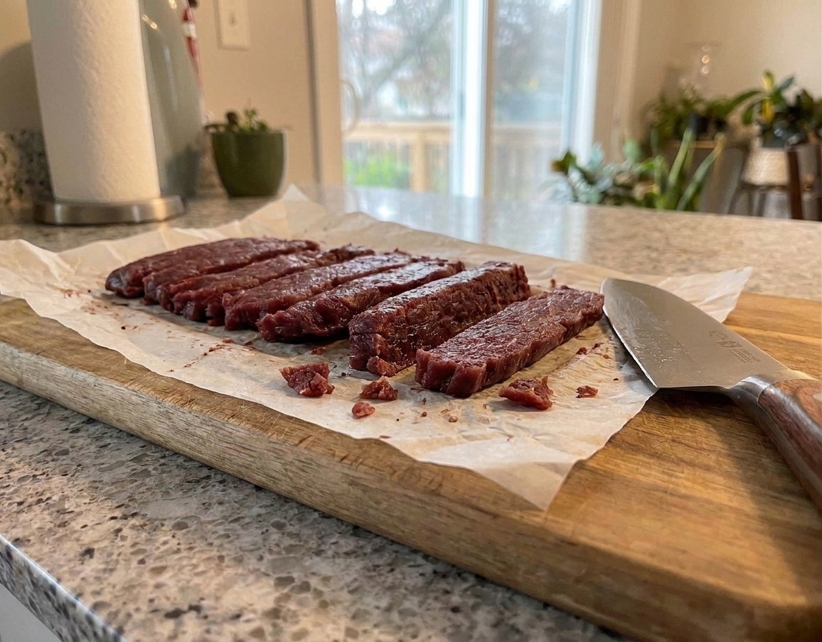 Freshly cut pemmican bars on parchment paper with a chef knife and crumbs on a wooden board