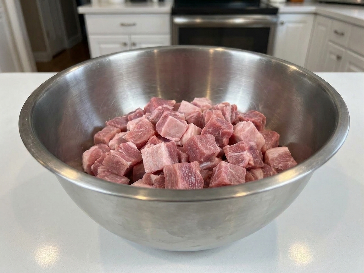 Freshly cut pork shoulder cubes piled in a stainless steel mixing bowl on a kitchen counter