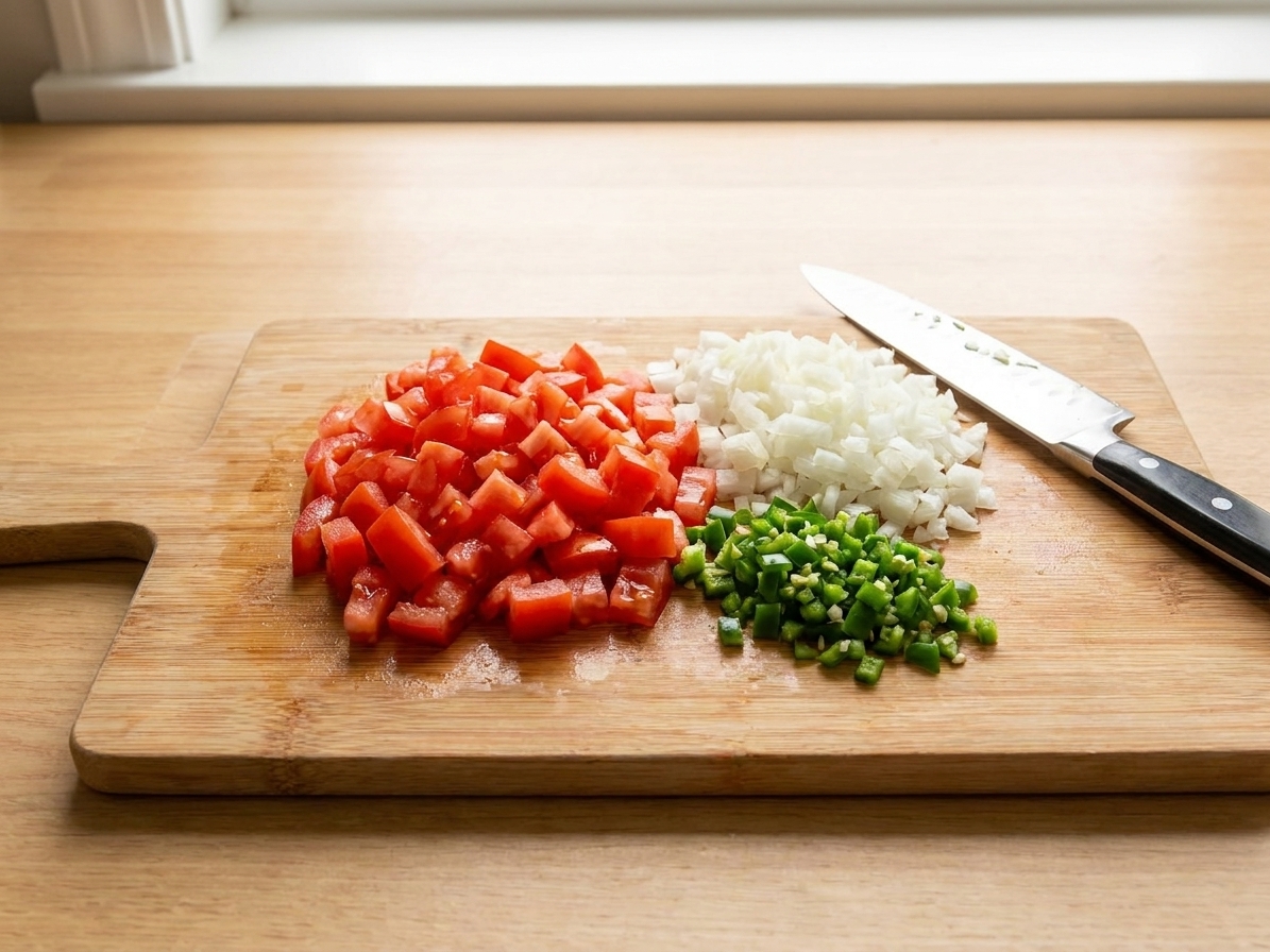 Freshly diced Roma tomatoes, finely chopped white onion, and minced jalapeño separated into small piles on a wooden cutting board