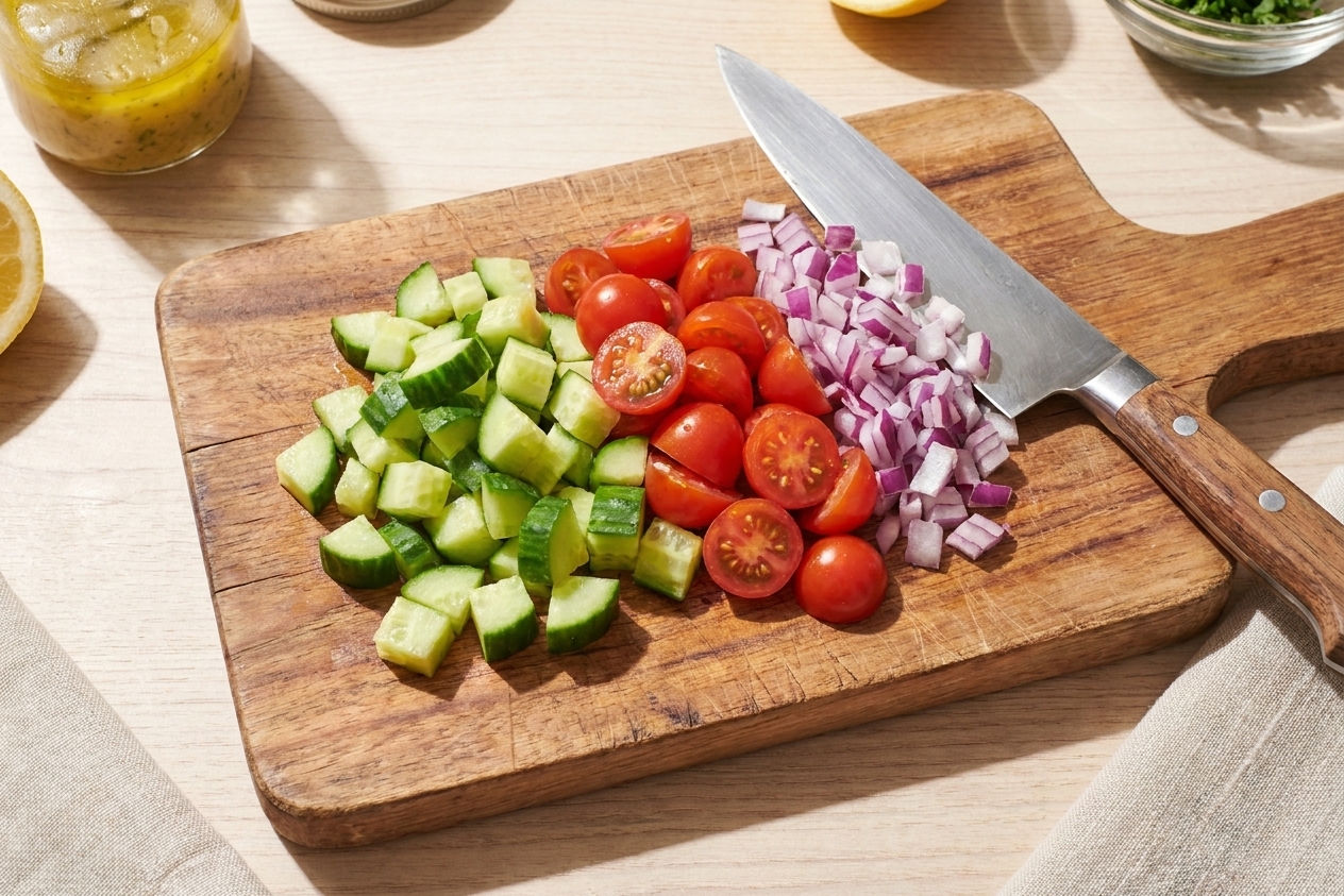 Freshly diced cucumber, halved cherry tomatoes, and chopped red onion on a wooden cutting board with a chef’s knife