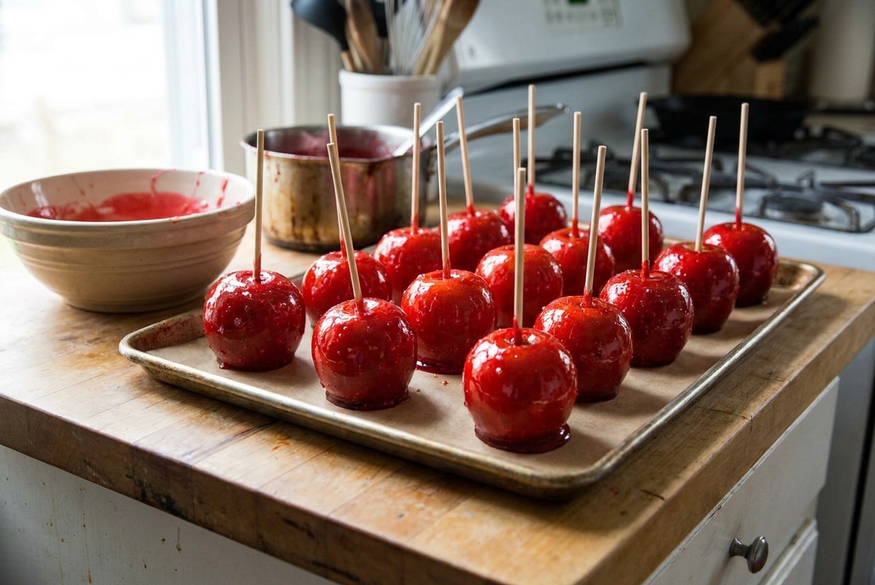 Freshly dipped red candy apples cooling on a parchment-lined baking sheet on a kitchen counter