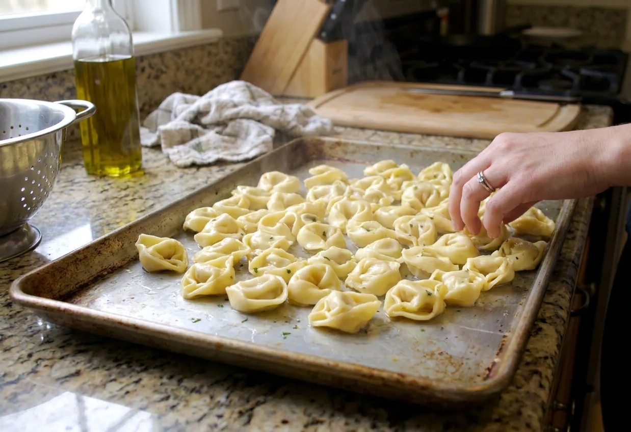 Freshly drained tortellini spread in a single layer on a sheet pan to cool on a kitchen counter