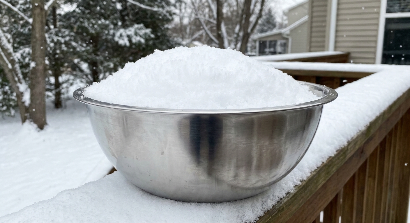 Freshly fallen snow in a clean metal bowl sitting on an outdoor porch railing
