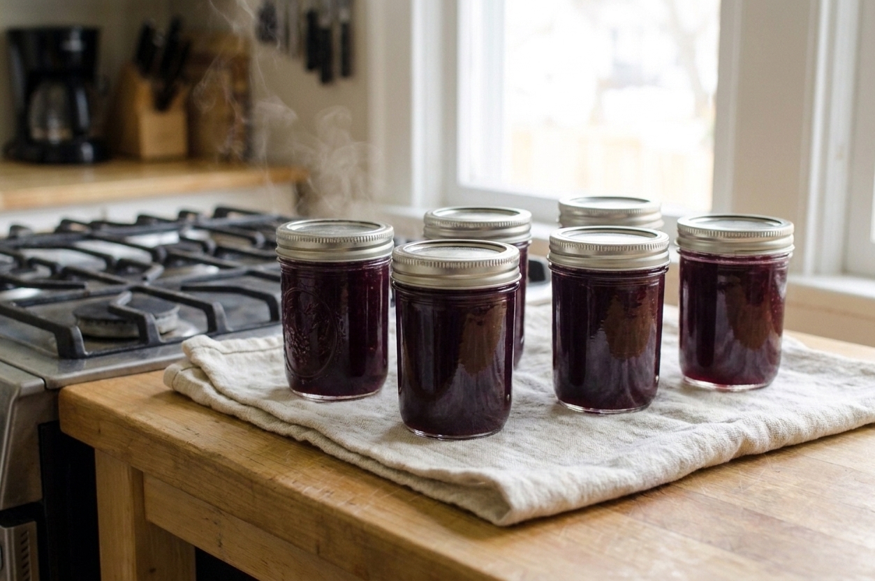 Freshly filled jars of muscadine jelly cooling on a kitchen towel on the counter with soft afternoon light