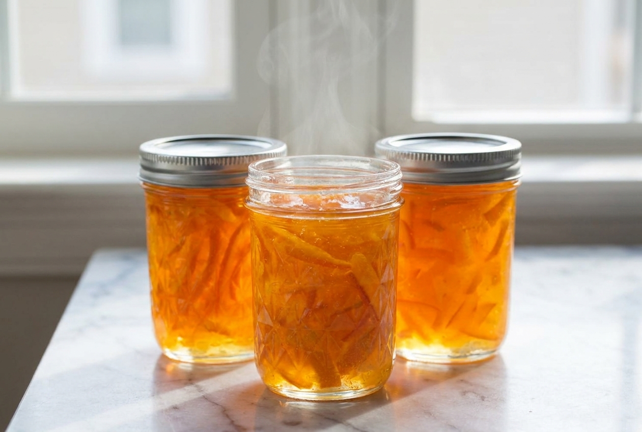 Freshly filled jars of orange peel marmalade cooling with visible ribbons of peel
