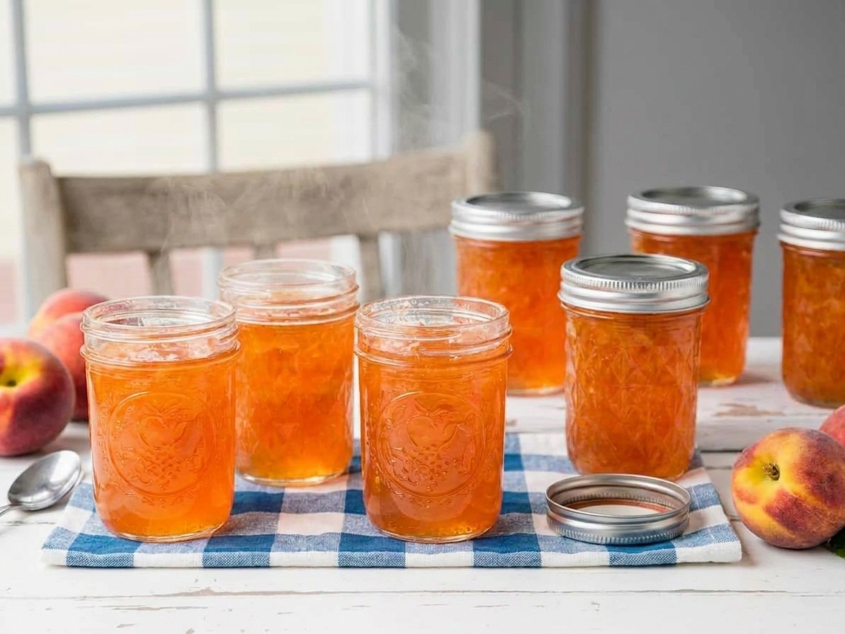 Freshly filled peach jelly jars cooling on a towel-lined counter in warm natural light