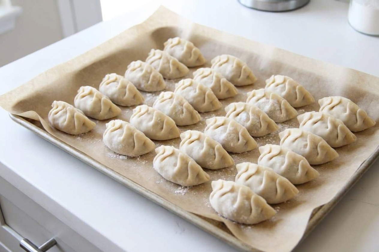 Freshly folded dumplings arranged in neat rows on a parchment-lined sheet pan on a kitchen counter
