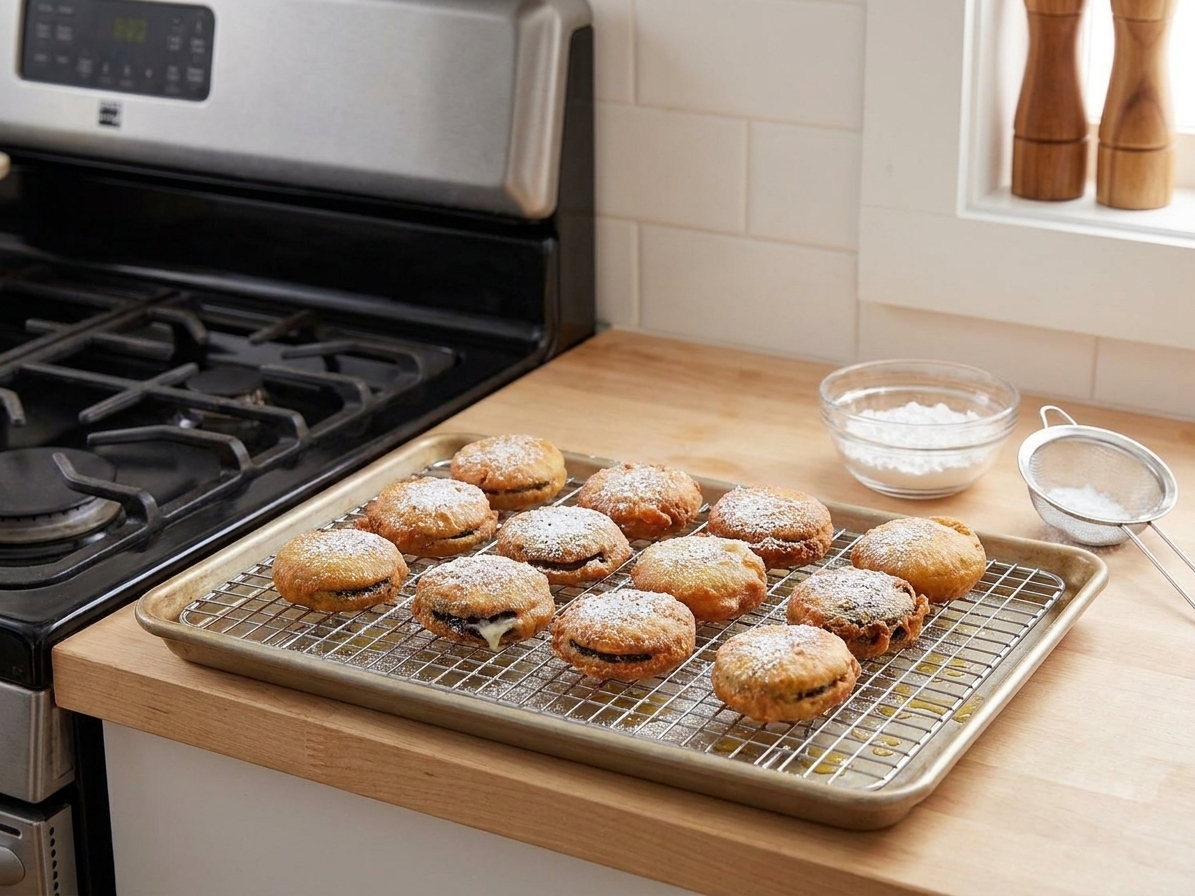 Freshly fried Oreos draining on a wire rack set over a sheet pan on a kitchen counter