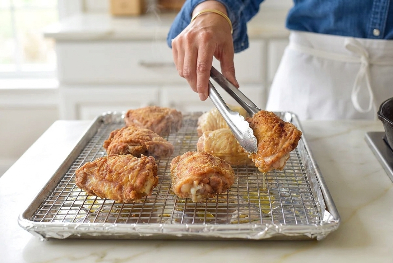 Freshly fried buttermilk chicken draining on a wire rack over a sheet pan in a warm kitchen setting