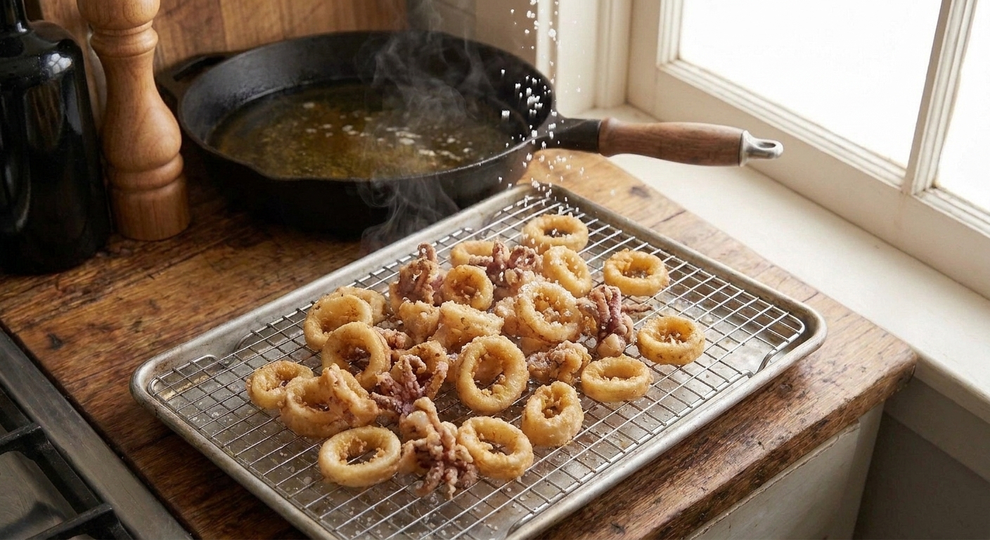 Freshly fried calamari draining on a wire rack over a sheet pan with a sprinkle of salt