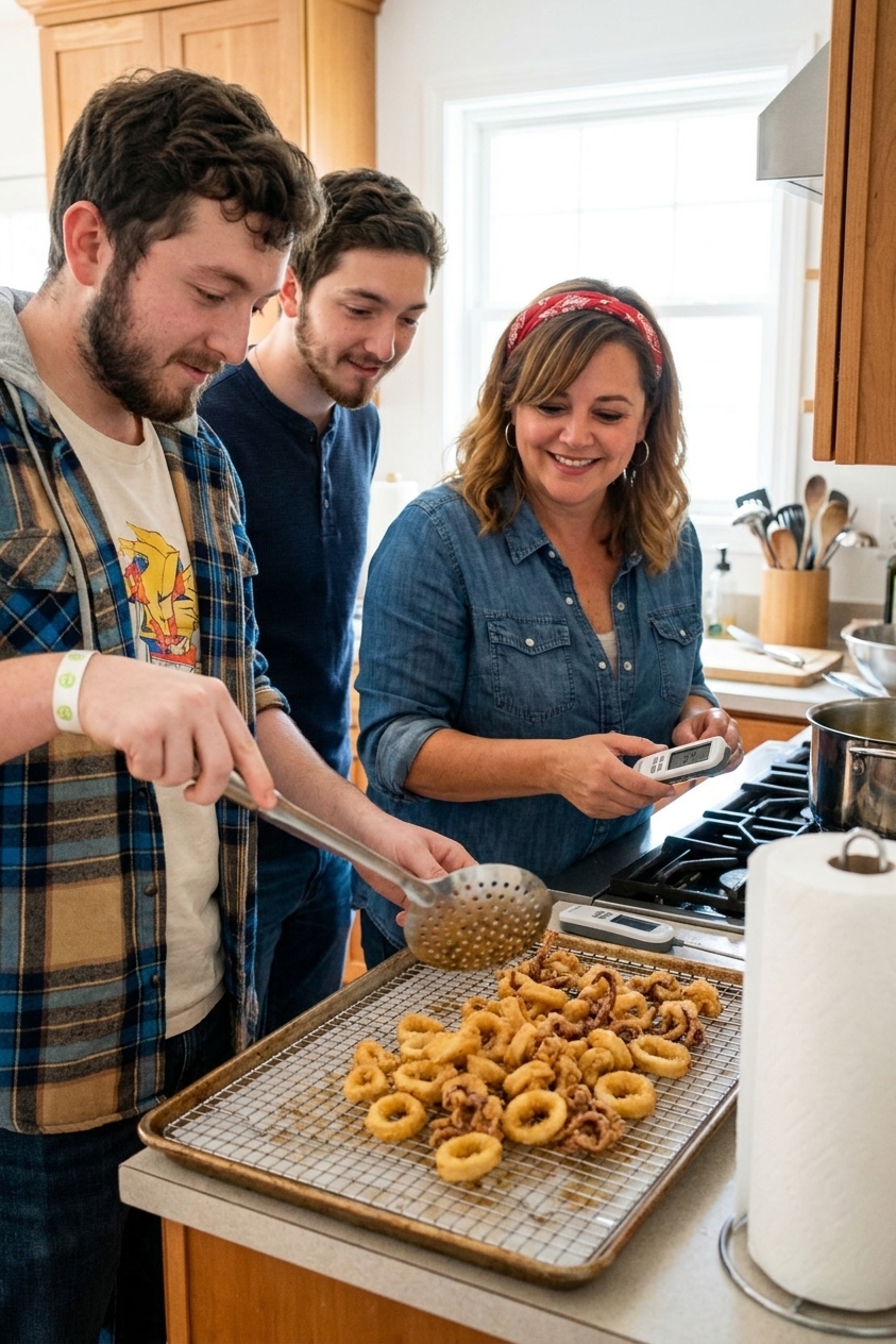 Freshly fried calamari rings and tentacles draining on a wire rack set over a sheet pan next to a slotted spoon and a thermometer, home kitchen counter, candid cooking photo