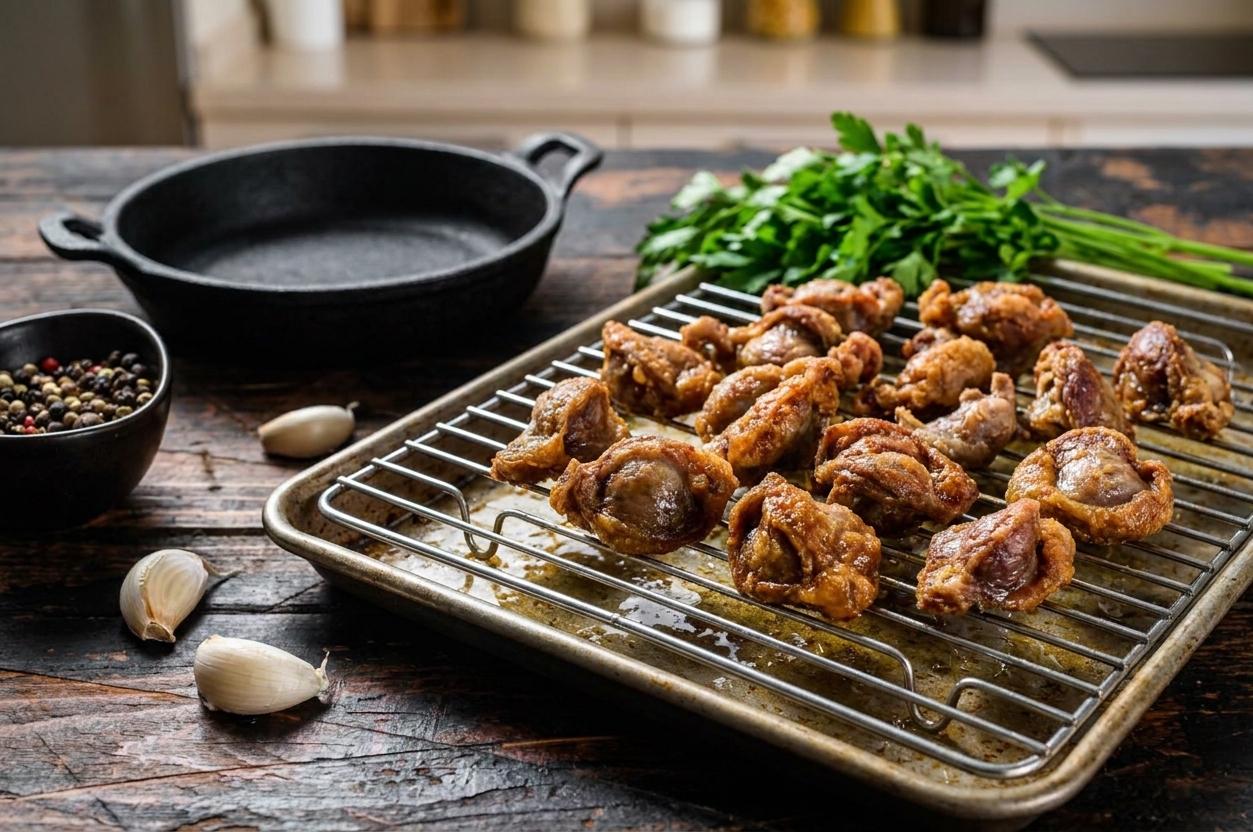 Freshly fried chicken gizzards draining on a wire rack set over a sheet pan in a softly lit home kitchen