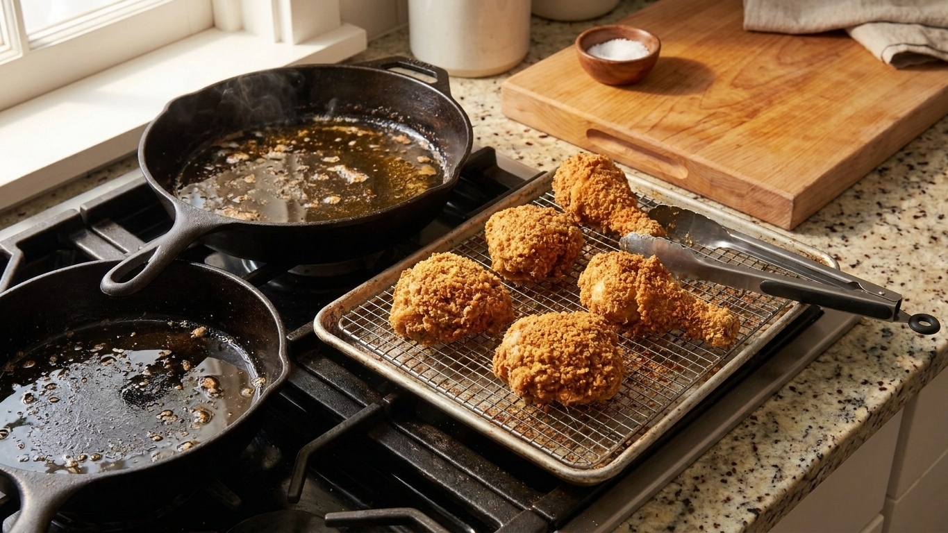 Freshly fried chicken pieces cooling on a wire rack set over a sheet pan with a cast-iron skillet nearby on a home kitchen counter