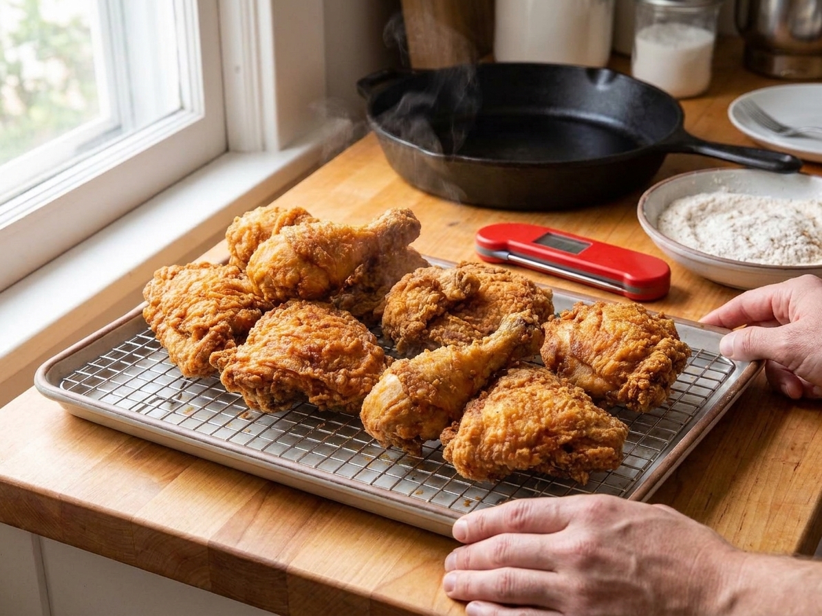 Freshly fried chicken pieces resting on a wire rack over a sheet pan in a warm kitchen