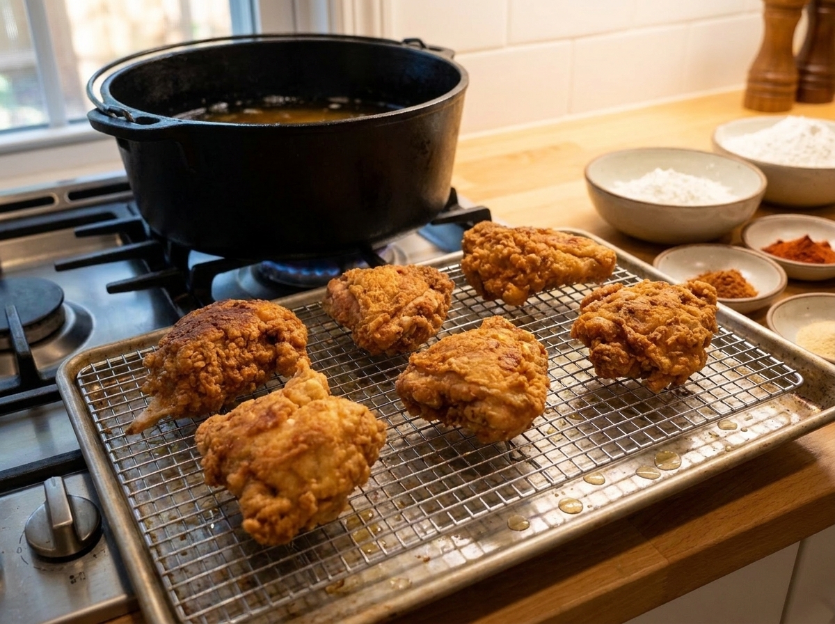 Freshly fried chicken pieces resting on a wire rack set over a baking sheet to drain, with a deep pot on a home stove nearby