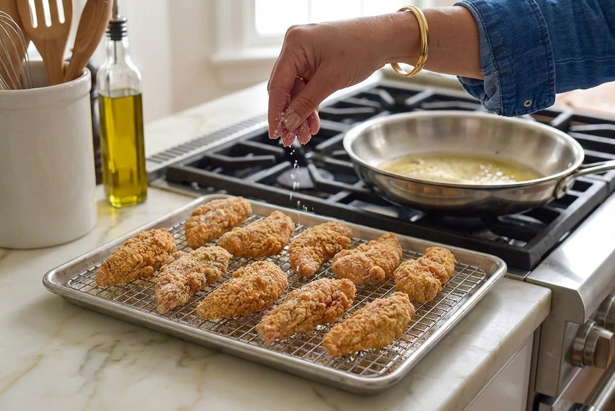 Freshly fried chicken tenders resting on a wire rack as they are sprinkled with a little salt