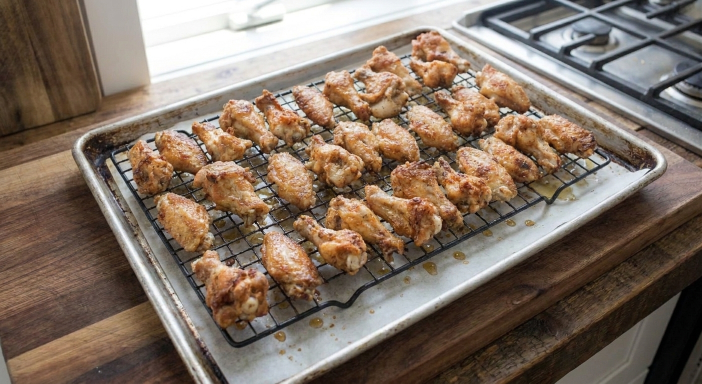 Freshly fried chicken wings draining on a wire rack over a sheet pan, golden and crisp