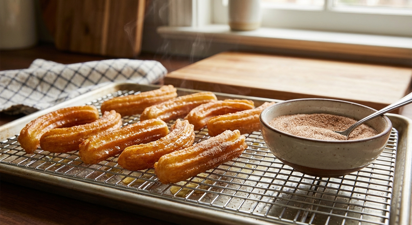Freshly fried churros draining on a wire rack with a bowl of cinnamon sugar nearby
