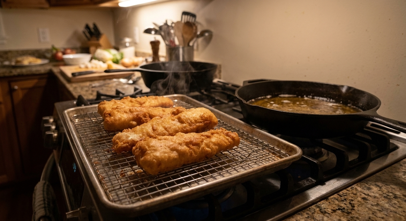 Freshly fried cod draining on a wire rack set over a sheet pan beside a skillet of oil on a home stove