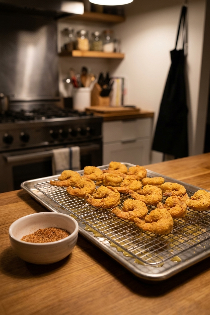 Freshly fried cornmeal-crusted shrimp draining on a wire rack over a sheet pan with a small bowl of seasoning nearby, kitchen counter photo