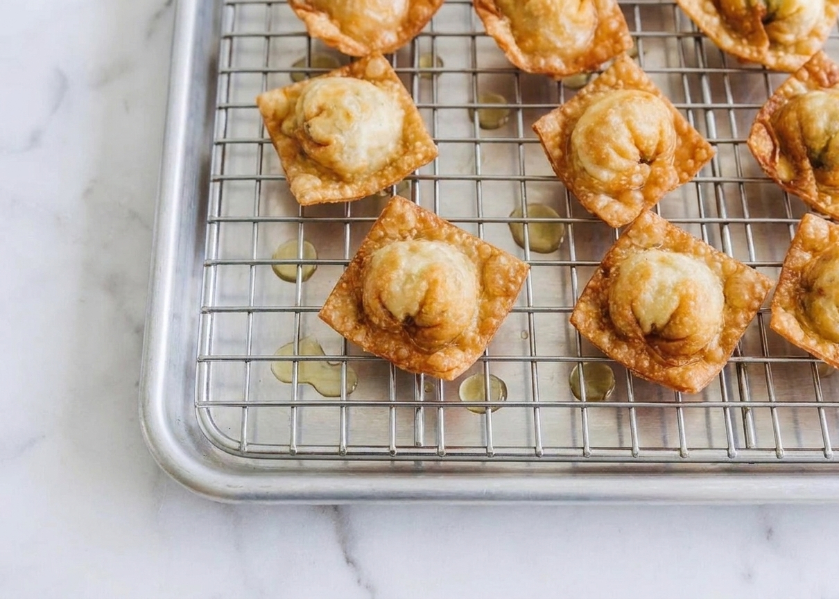 Freshly fried cream cheese wontons draining on a wire rack over a sheet pan on a kitchen counter