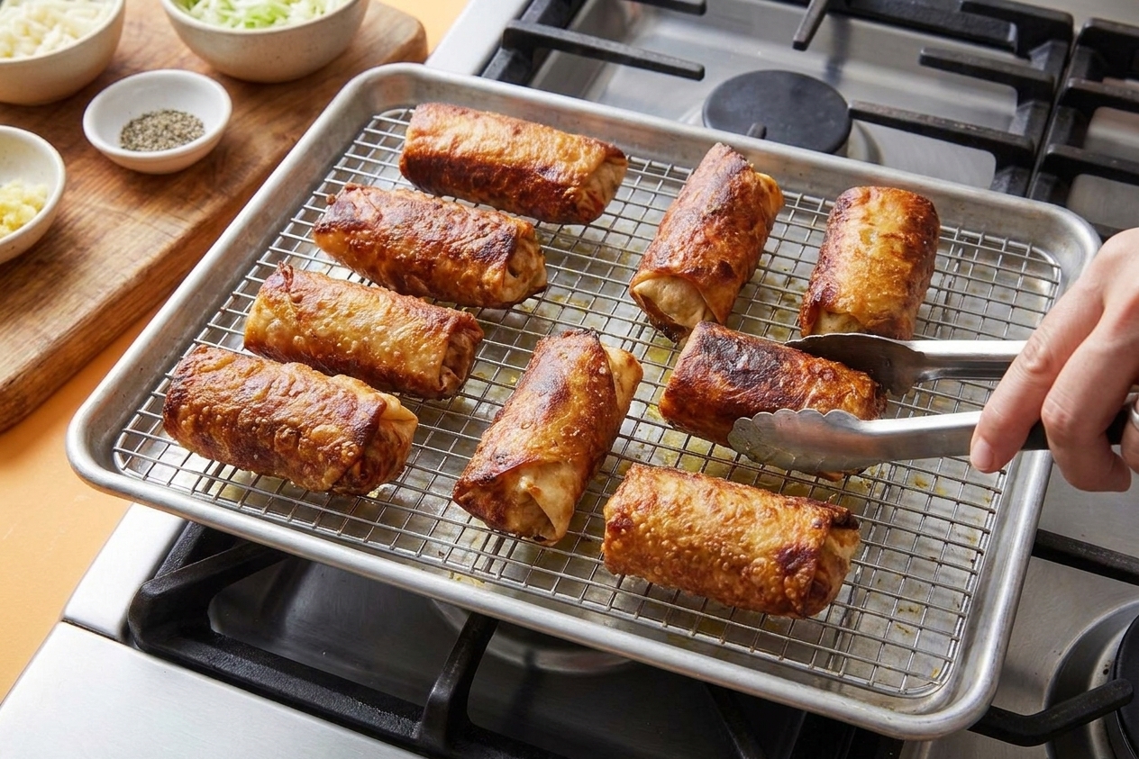 Freshly fried egg rolls draining on a wire rack set over a sheet pan on a kitchen counter