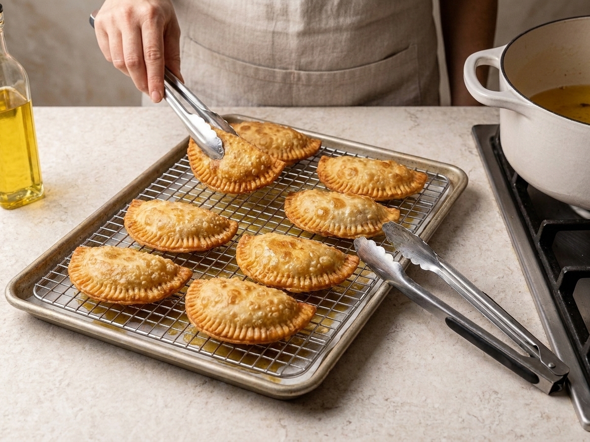 Freshly fried empanadas draining on a wire rack over a sheet pan in a home kitchen