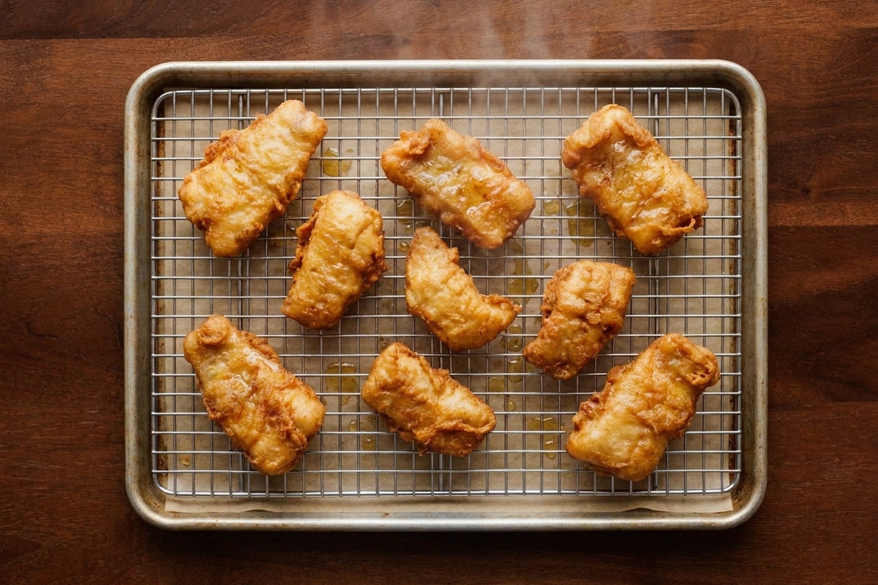 Freshly fried fish pieces draining on a wire rack set over a sheet pan