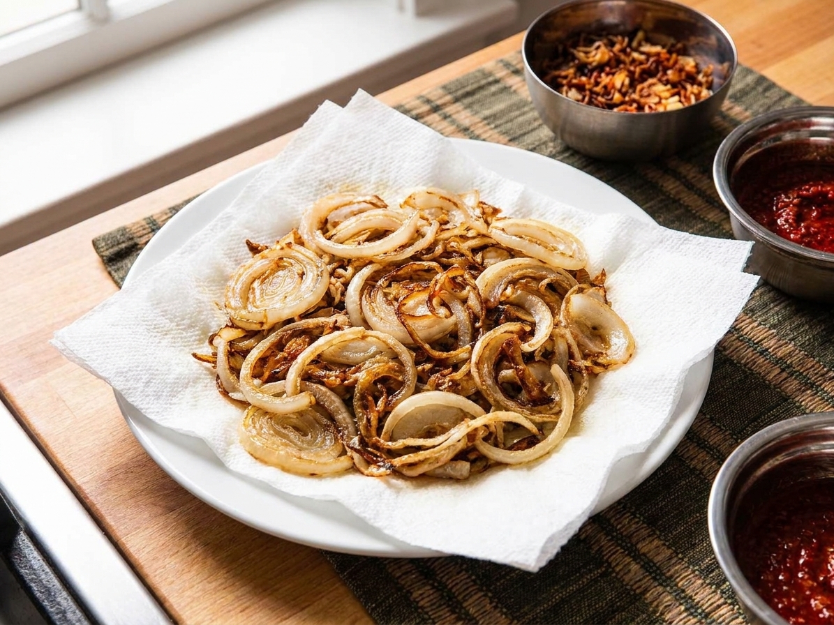 Freshly fried golden-brown onion slices draining on paper towels on a plate on a kitchen counter