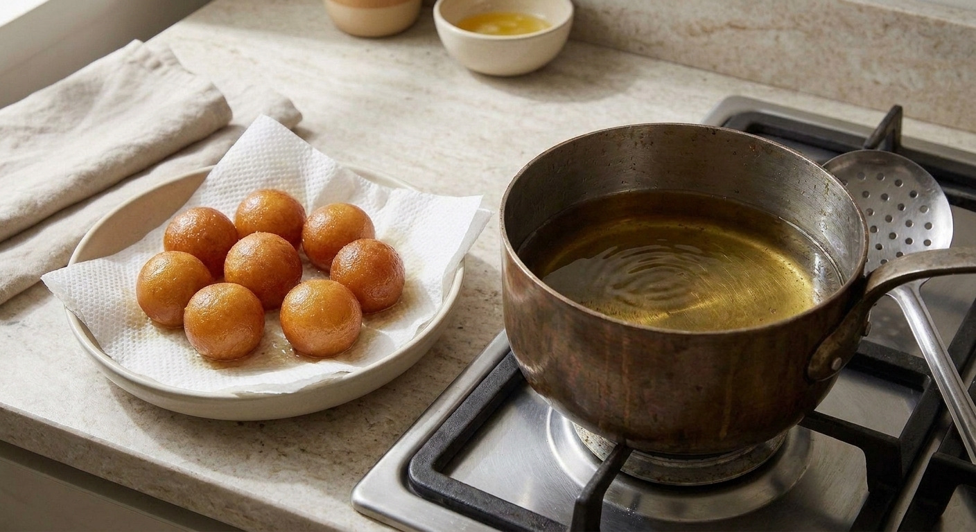 Freshly fried golden gulab jamun balls resting on paper towels on a plate beside a deep pot of oil