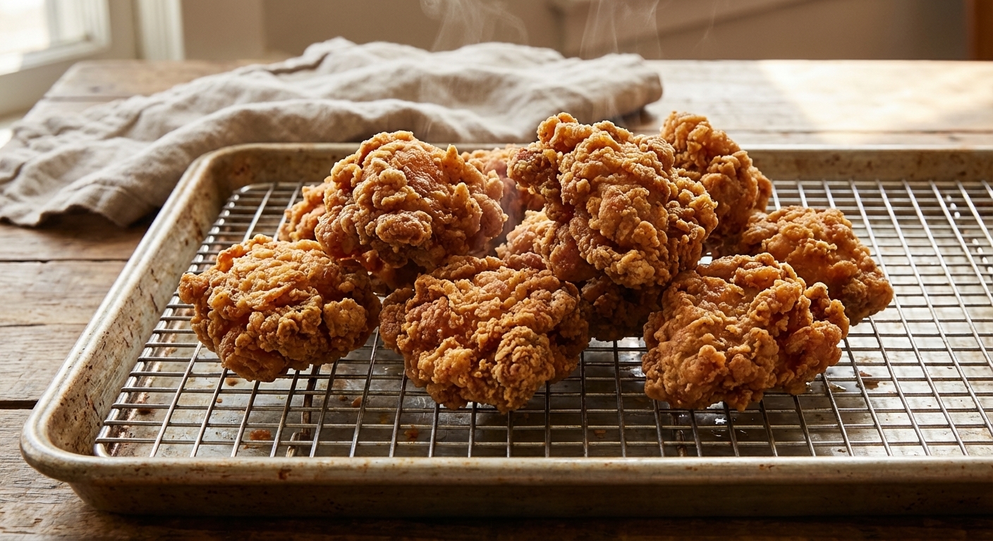 Freshly fried karaage pieces resting on a wire rack over a sheet pan, showing craggy crisp coating and golden color, real food photography