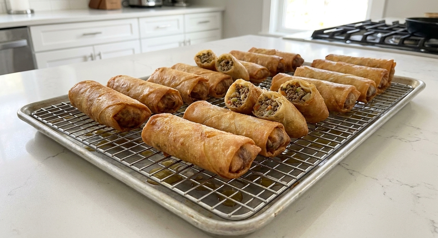 Freshly fried lumpia resting on a wire rack over a sheet pan to drain excess oil in a warm home kitchen