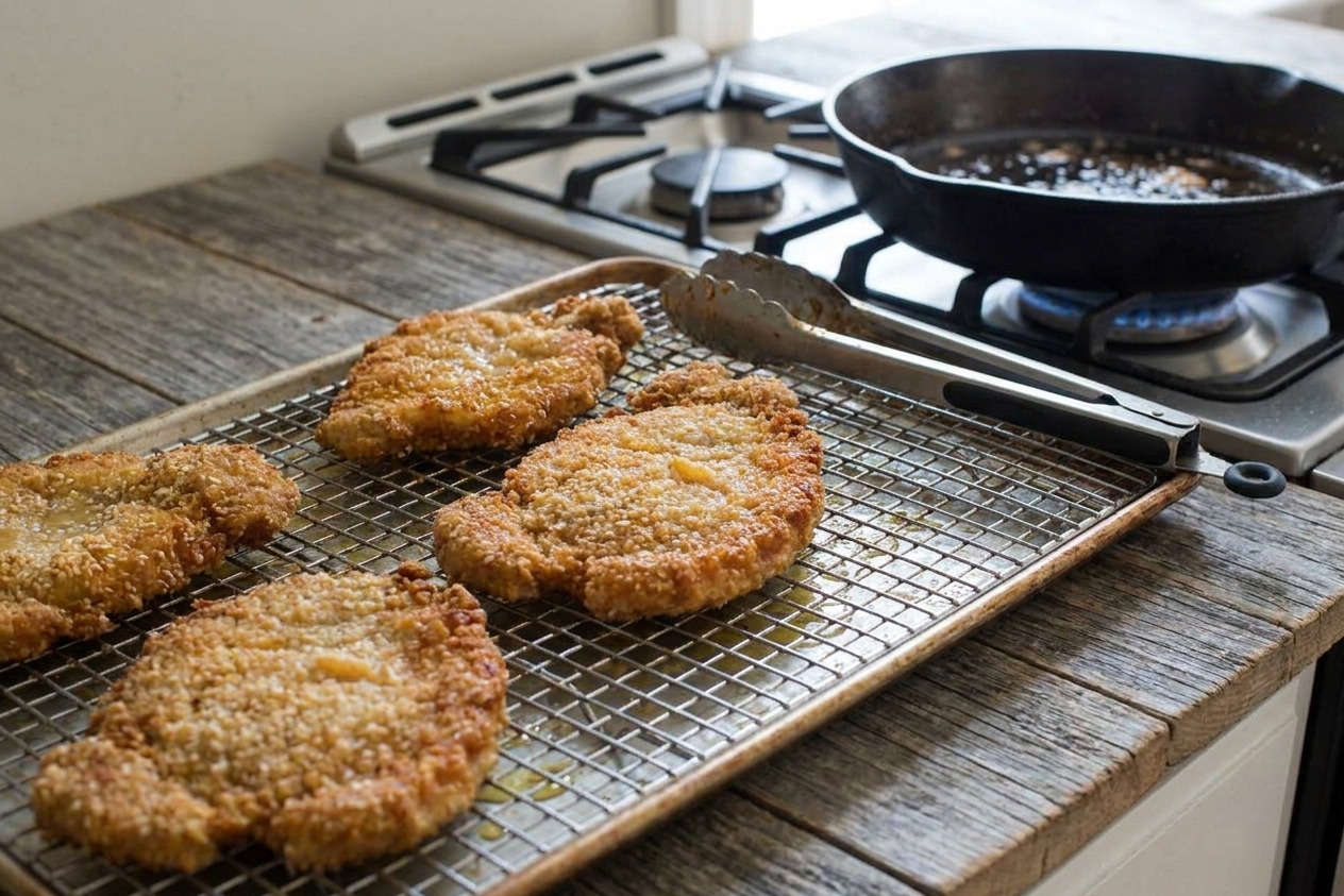 Freshly fried pork schnitzel resting on a wire rack over a sheet pan to drain excess oil in a home kitchen