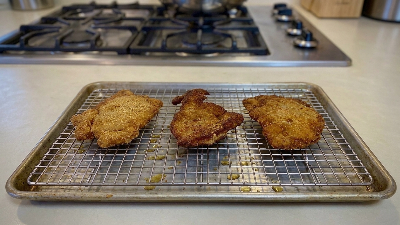 Freshly fried schnitzel cutlets draining on a wire rack over a sheet pan on a kitchen counter