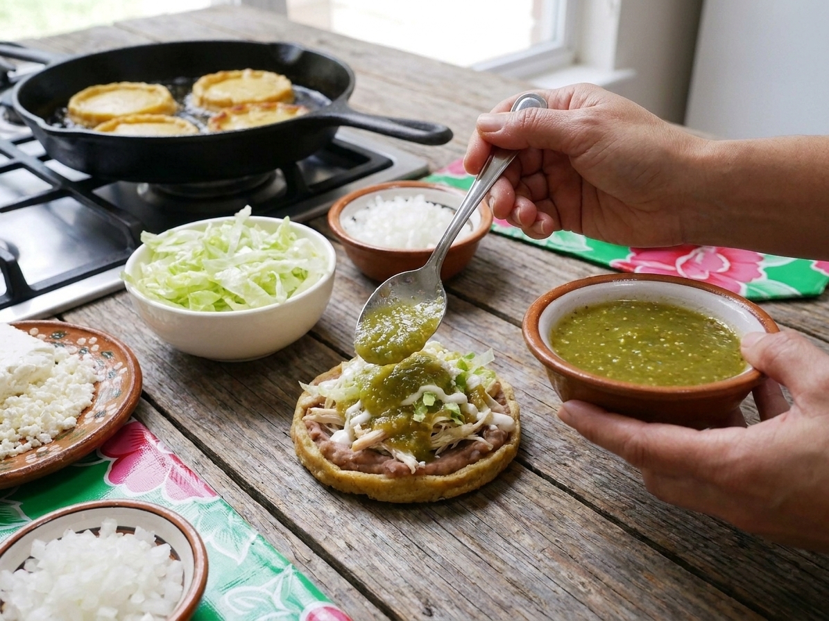 Freshly fried sopes being topped with refried beans, shredded chicken, salsa verde, lettuce, and queso fresco on a kitchen counter