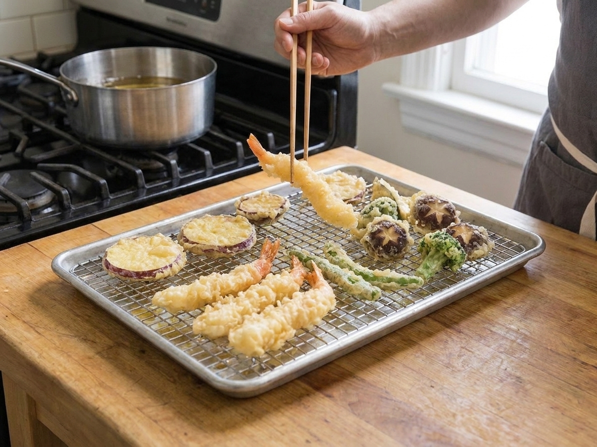 Freshly fried tempura pieces draining on a wire rack set over a sheet pan in a home kitchen