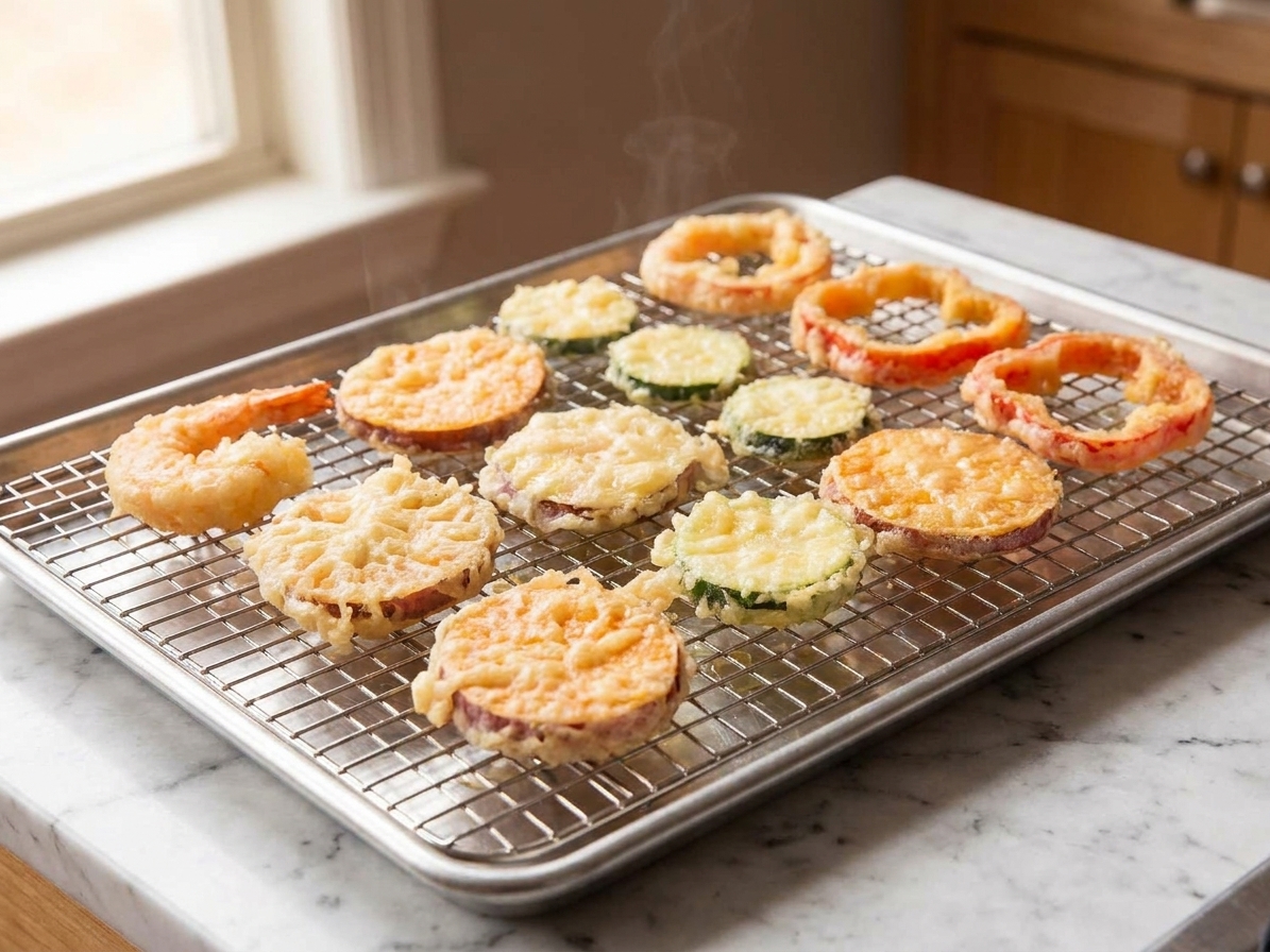 Freshly fried tempura pieces resting on a wire rack over a sheet pan, lightly golden and crisp