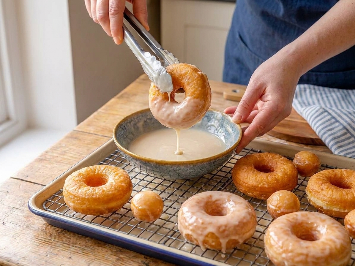 Freshly fried yeast donuts being dipped into vanilla glaze above a wire rack set on a sheet pan