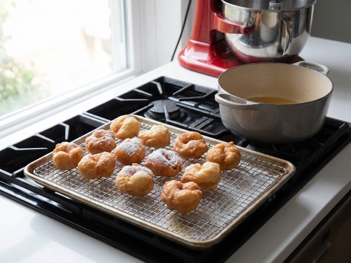 Freshly fried zeppole cooling on a wire rack over a sheet pan in a home kitchen