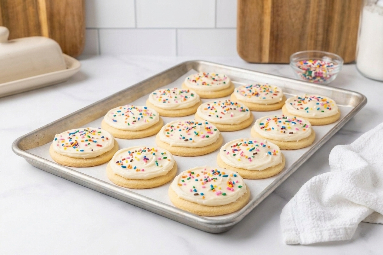 Freshly frosted sugar cookies with smooth white icing and colorful sprinkles on a parchment-lined baking sheet on a bright kitchen counter
