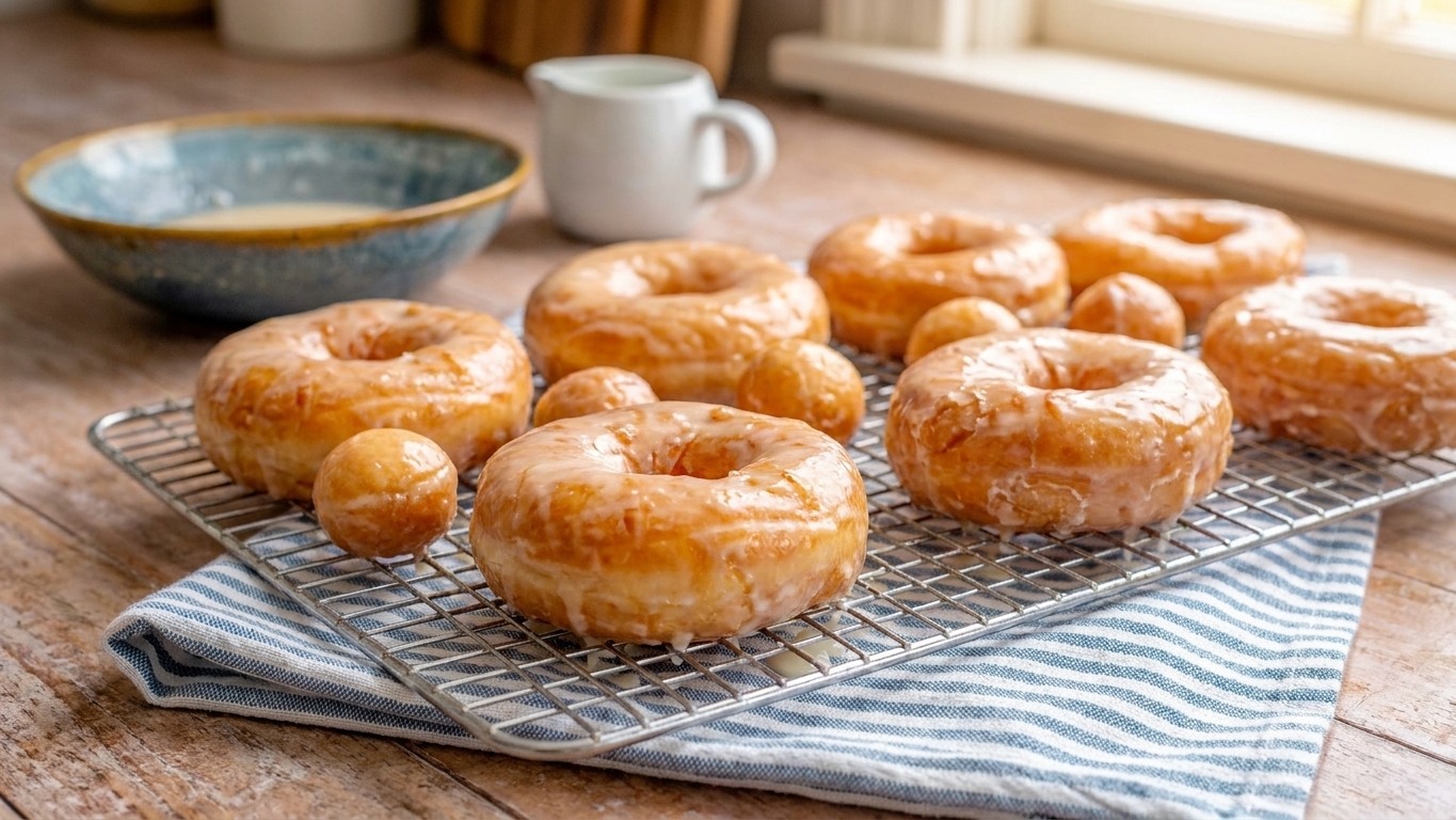 Freshly glazed donuts setting on a wire rack