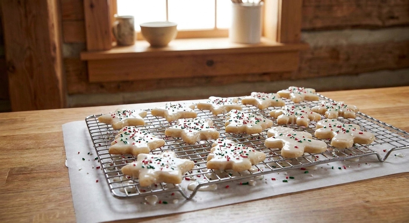 Freshly glazed holiday sugar cookies resting on a wire rack with sprinkles scattered on parchment below