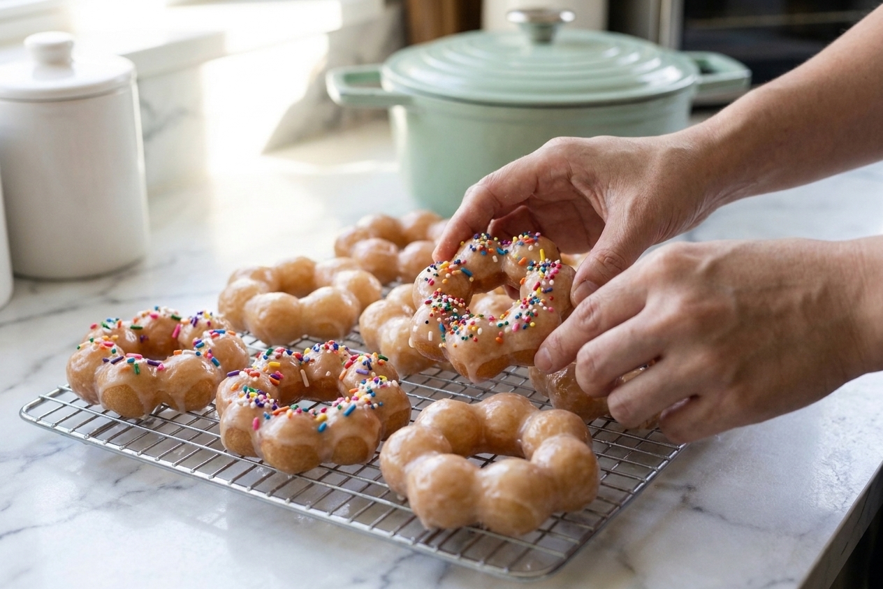 Freshly glazed mochi donuts resting on a wire rack with a few topped with sprinkles in a warm kitchen