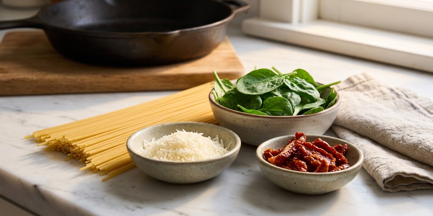 Freshly grated Parmesan, baby spinach, and sliced sun-dried tomatoes in small bowls next to pasta on a clean kitchen counter