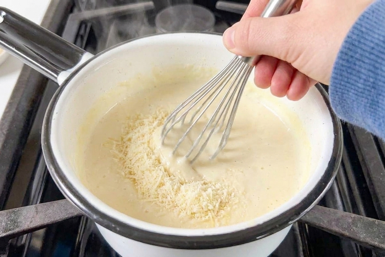 Freshly grated Parmesan being whisked into a creamy white sauce until smooth in a saucepan