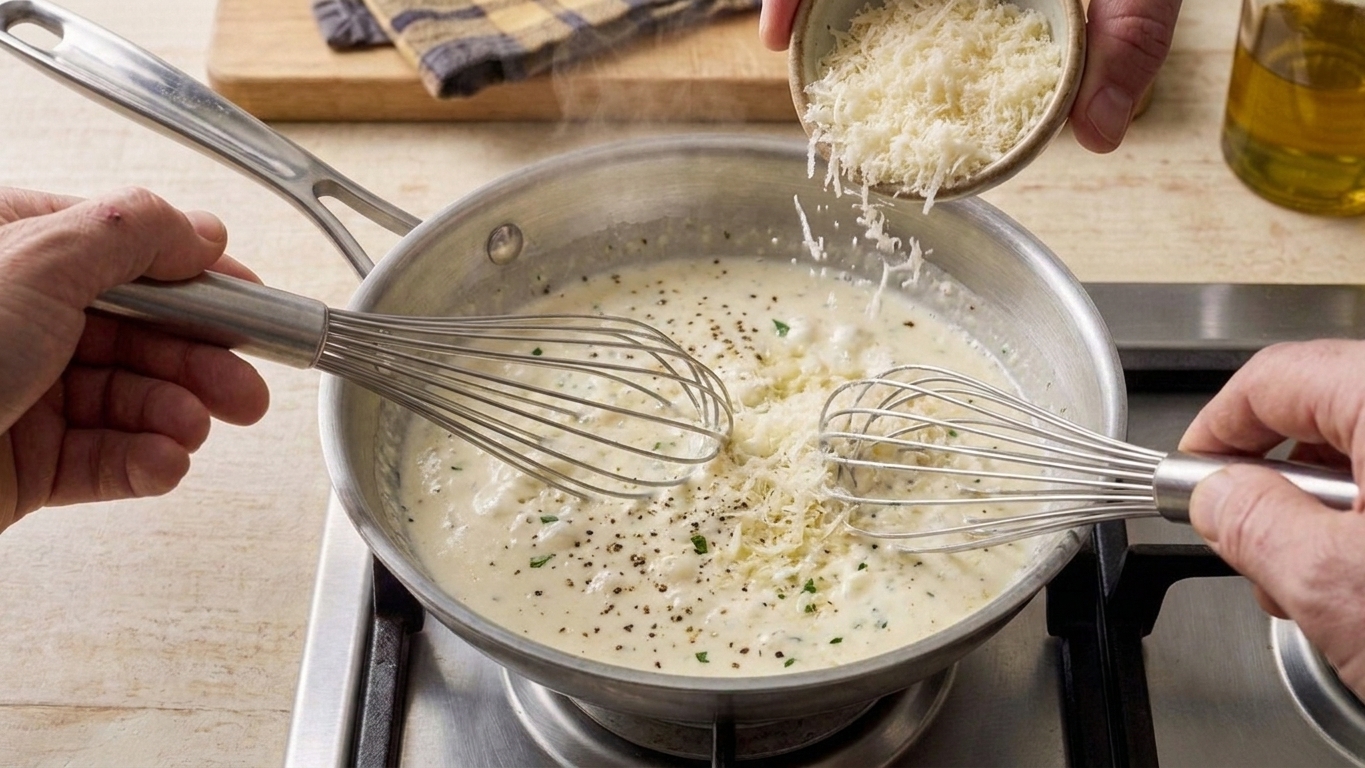 Freshly grated Parmesan being whisked into warm cream sauce in a skillet