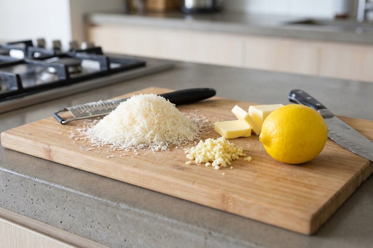 Freshly grated Parmesan beside minced garlic, butter, and a lemon on a cutting board on a kitchen counter
